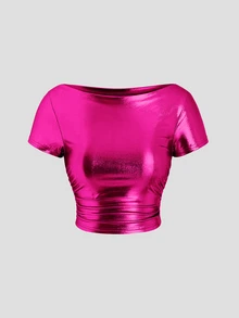 EgrlEra Boat Neck Short-Sleeved T-Shirt With Metallic Fabric And Pleats Y2K For New Year Holiday Party - Hot Pink - View 5