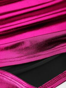 EgrlEra Boat Neck Short-Sleeved T-Shirt With Metallic Fabric And Pleats Y2K For New Year Holiday Party - Hot Pink - View 4