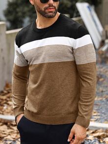 Marcello Vane Plus Size Men's Casual Contrast Color Crew Neck Long Sleeve Brown Sweater, Fall/Winter - Coffee Brown - View 4