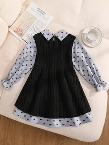 SHEIN 少女款 2 合 1 拼接休閒日常夏季洋裝 - 黑色 - 查看 5