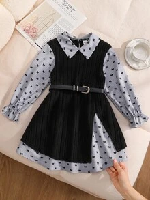 SHEIN 少女款 2 合 1 拼接休閒日常夏季洋裝 - 黑色 - 查看 4