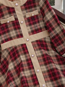 SHEIN Girls' Red Plaid Colorblock Young Girl Long Sleeve Dress With Pearl Button Decor - Red - View 5