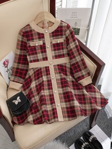 SHEIN Girls' Red Plaid Colorblock Young Girl Long Sleeve Dress With Pearl Button Decor - Red - View 2