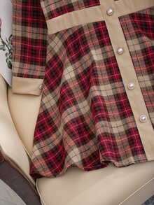 SHEIN Girls' Red Plaid Colorblock Young Girl Long Sleeve Dress With Pearl Button Decor - Red - View 8