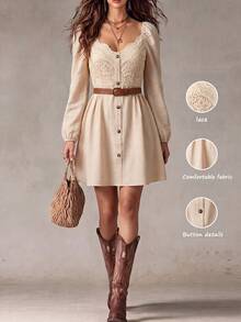 Cévolie Women's Solid Color Button Decor Lace Patchwork Long Sleeve Simple Versatile Dress - Apricot - View 3