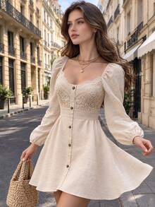 Cévolie Women's Solid Color Button Decor Lace Patchwork Long Sleeve Simple Versatile Dress - Apricot - View 1