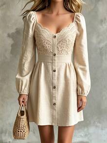 Cévolie Women's Solid Color Button Decor Lace Patchwork Long Sleeve Simple Versatile Dress - Apricot - View 4