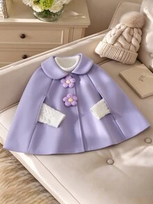 SHEIN 女童玫瑰紅拼接3D鉤編花朵披肩領大衣，淑女風，秋冬新款，返校季，節日款 - 紫色 - 查看 1