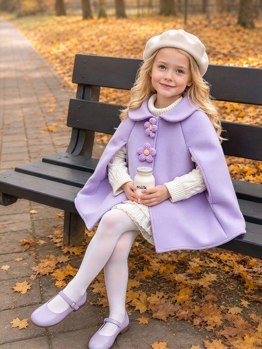 SHEIN Girls' Rose Red Patchwork 3D Crochet Flower Cape Shawl Detail Lady Style Overcoat Autumn/Winter, New Fall Styles, Back To School, Holiday - Purple - View 1