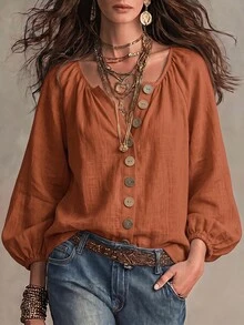 SHEIN Áo thun nữ thời trang cơ bản phong cách casual màu cam, tay lồng đèn, thiết kế nẹp cài cúc - màu nâu - Xem 3