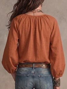 SHEIN Áo thun nữ thời trang cơ bản phong cách casual màu cam, tay lồng đèn, thiết kế nẹp cài cúc - màu nâu - Xem 2
