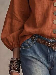 SHEIN Áo thun nữ thời trang cơ bản phong cách casual màu cam, tay lồng đèn, thiết kế nẹp cài cúc - màu nâu - Xem 4