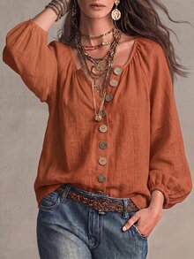 SHEIN Áo thun nữ thời trang cơ bản phong cách casual màu cam, tay lồng đèn, thiết kế nẹp cài cúc - màu nâu - Xem 5