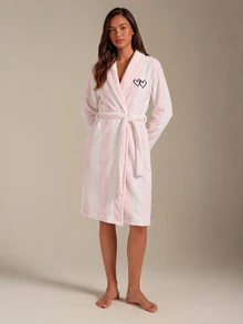 Athîral Women's French Elegant Striped & Contrast Heart Embroidery Cozy Loose Tie Waist Fluffy Winter Robe - Multicolor - View 5