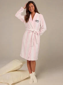 Athîral Women's French Elegant Striped & Contrast Heart Embroidery Cozy Loose Tie Waist Fluffy Winter Robe - Multicolor - View 4