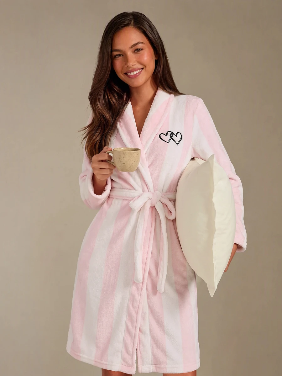Athîral Women's French Elegant Striped & Contrast Heart Embroidery Cozy Loose Tie Waist Fluffy Winter Robe - Multicolor - View 1
