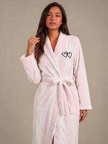 Athîral Women's French Elegant Striped & Contrast Heart Embroidery Cozy Loose Tie Waist Fluffy Winter Robe - Multicolor - View 3