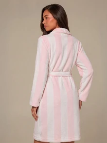 Athîral Women's French Elegant Striped & Contrast Heart Embroidery Cozy Loose Tie Waist Fluffy Winter Robe - Multicolor - View 2