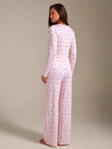 Athîral Women's Bow Print Long Sleeve Top And Pants Pajama Set - Pink - View 2