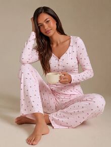 Athîral Women's Bow Print Long Sleeve Top And Pants Pajama Set - Pink - View 3