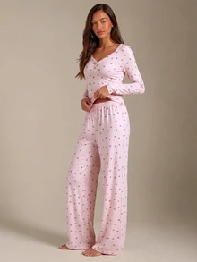 Athîral Women's Bow Print Long Sleeve Top And Pants Pajama Set - Pink - View 5