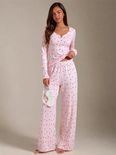 Athîral Women's Bow Print Long Sleeve Top And Pants Pajama Set