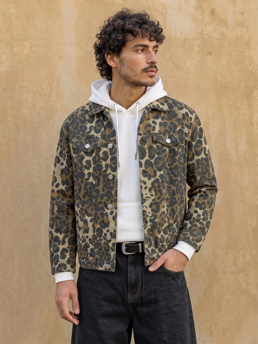 QuarKem Men's Loose Fit Leopard Print Flap Detail Denim Jacket Without Hoodie, Street Style