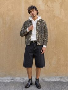 QuarKem Men's Loose Fit Leopard Print Flap Detail Denim Jacket Without Hoodie, Street Style - Multicolor - View 6