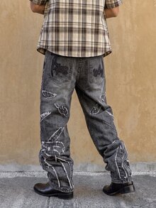 Manfinity Roghcode Men's Casual Pocket Frayed Hem Simple Denim Jeans - Dark Grey - View 3