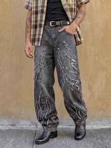 Manfinity Roghcode Men's Casual Pocket Frayed Hem Simple Denim Jeans - Dark Grey - View 7