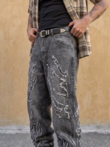 Manfinity Roghcode Men's Casual Pocket Frayed Hem Simple Denim Jeans - Dark Grey - View 2