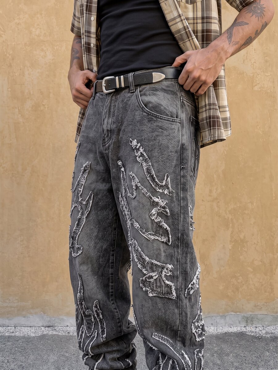 Manfinity Roghcode Men's Casual Pocket Frayed Hem Simple Denim Jeans