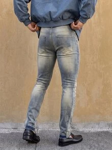 Manfinity Homme 男士休闲日常水洗斜口袋紧身牛仔裤 - 淺色水洗藍 - 查看 3