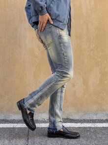 Manfinity Homme 男士休闲日常水洗斜口袋紧身牛仔裤 - 淺色水洗藍 - 查看 6