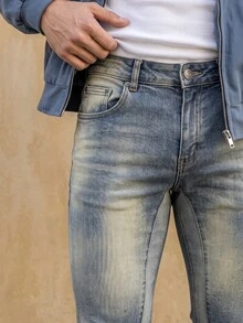 Manfinity Homme 男士休闲日常水洗斜口袋紧身牛仔裤 - 淺色水洗藍 - 查看 4