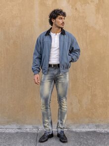 Manfinity Homme 男士休闲日常水洗斜口袋紧身牛仔裤 - 淺色水洗藍 - 查看 5