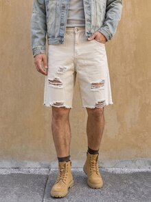 Manfinity Homme 宽松男士棉质破洞、磨损、毛边牛仔短裤 - 杏色 - 查看 2