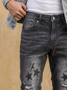 QuarKem Men's Pentagram Pattern Distressed Pocket Casual Denim Jeans Slim-Fit Vintage Washed DAD Black Hiking Work Distressed Jeans For - Black - View 6