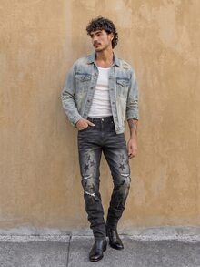 QuarKem Men's Pentagram Pattern Distressed Pocket Casual Denim Jeans Slim-Fit Vintage Washed DAD Black Hiking Work Distressed Jeans For - Black - View 4