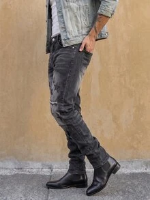 QuarKem Men's Pentagram Pattern Distressed Pocket Casual Denim Jeans Slim-Fit Vintage Washed DAD Black Hiking Work Distressed Jeans For - Black - View 7