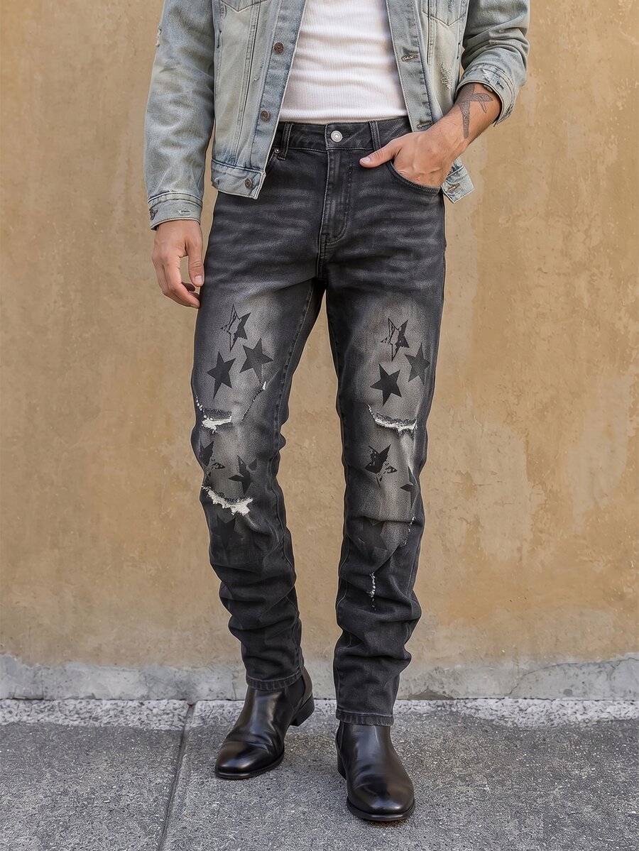 QuarKem Men's Pentagram Pattern Distressed Pocket Casual Denim Jeans Slim-Fit Vintage Washed DAD Black Hiking Work Distressed Jeans For