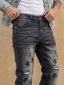 QuarKem Men's Pentagram Pattern Distressed Pocket Casual Denim Jeans Slim-Fit Vintage Washed DAD Black Hiking Work Distressed Jeans For - Black - View 5
