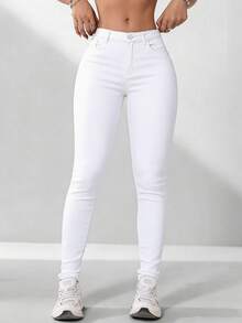 Flexra Women's Casual Everyday Commute Simple Versatile Solid Color Low-Waist Skinny Jeans - White - View 7