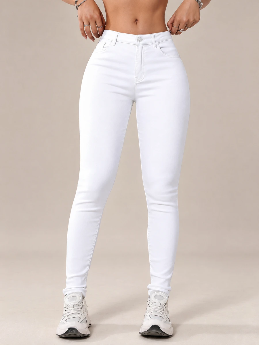 Flexra Women's Casual Everyday Commute Simple Versatile Solid Color Low-Waist Skinny Jeans - White - View 1