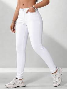 Flexra Women's Casual Everyday Commute Simple Versatile Solid Color Low-Waist Skinny Jeans - White - View 3