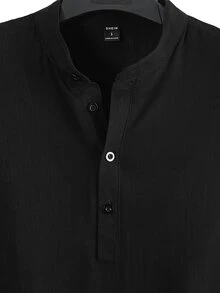 MENRIVO Loose Fit Men's Solid Color Casual Half Button Shirt, Formal - Black - View 4