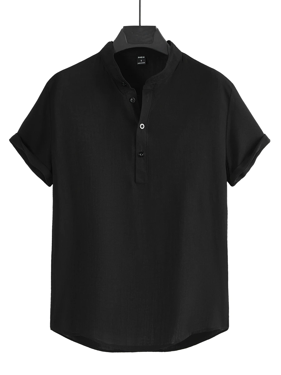 MENRIVO Loose Fit Men's Solid Color Casual Half Button Shirt, Formal - Black - View 1