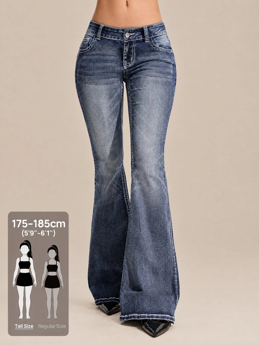 Flexra Tall Autumn Summer Vintage Casual Streetwear High Waist Flare Light Blue Denim Daily Wear Washed Comfortable Flattering Jeans For Women Travel - Medium Wash - View 1