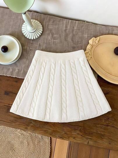 SHEIN 1pc Girls' Sweater Skirt, Fashionable Versatile White Vintage Twisted Rope Texture High Waist A-Line Skirt, Casual Preppy Style, Regular Thickness, Neat Hem, Solid Color, Clean, Suitable For Daily Wear, School, Outings, Travel And Other Occasions, Spring/Autumn