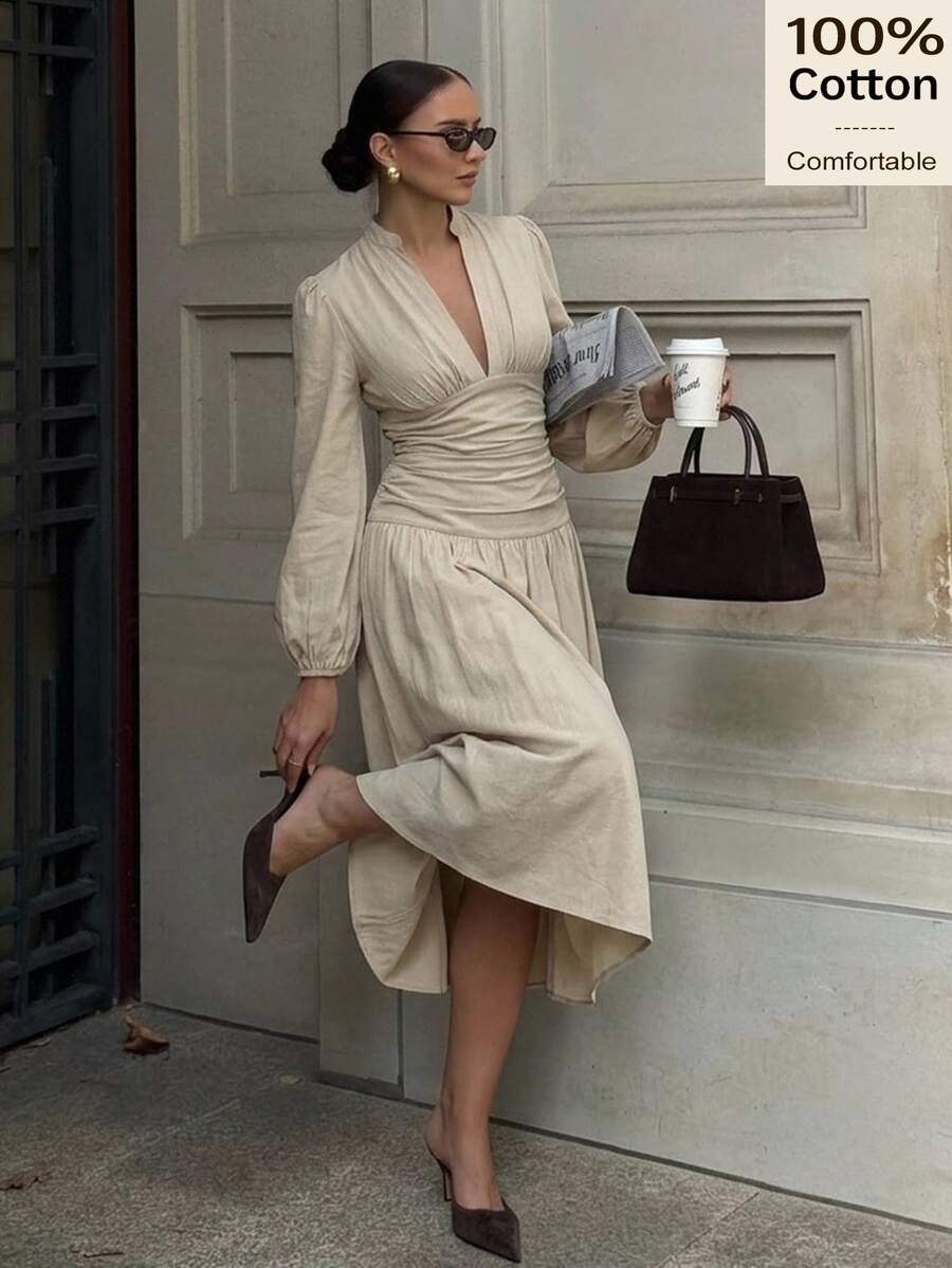 Siren Gaze Fall Winter 100% Cotton Fairy Long Lantern Sleeve Long Dress Vacation Beige Modest Elegant Minimalist V-Neck Cinched Waist Peplum Christmas Y2k Autumn - Ivory White - View 1
